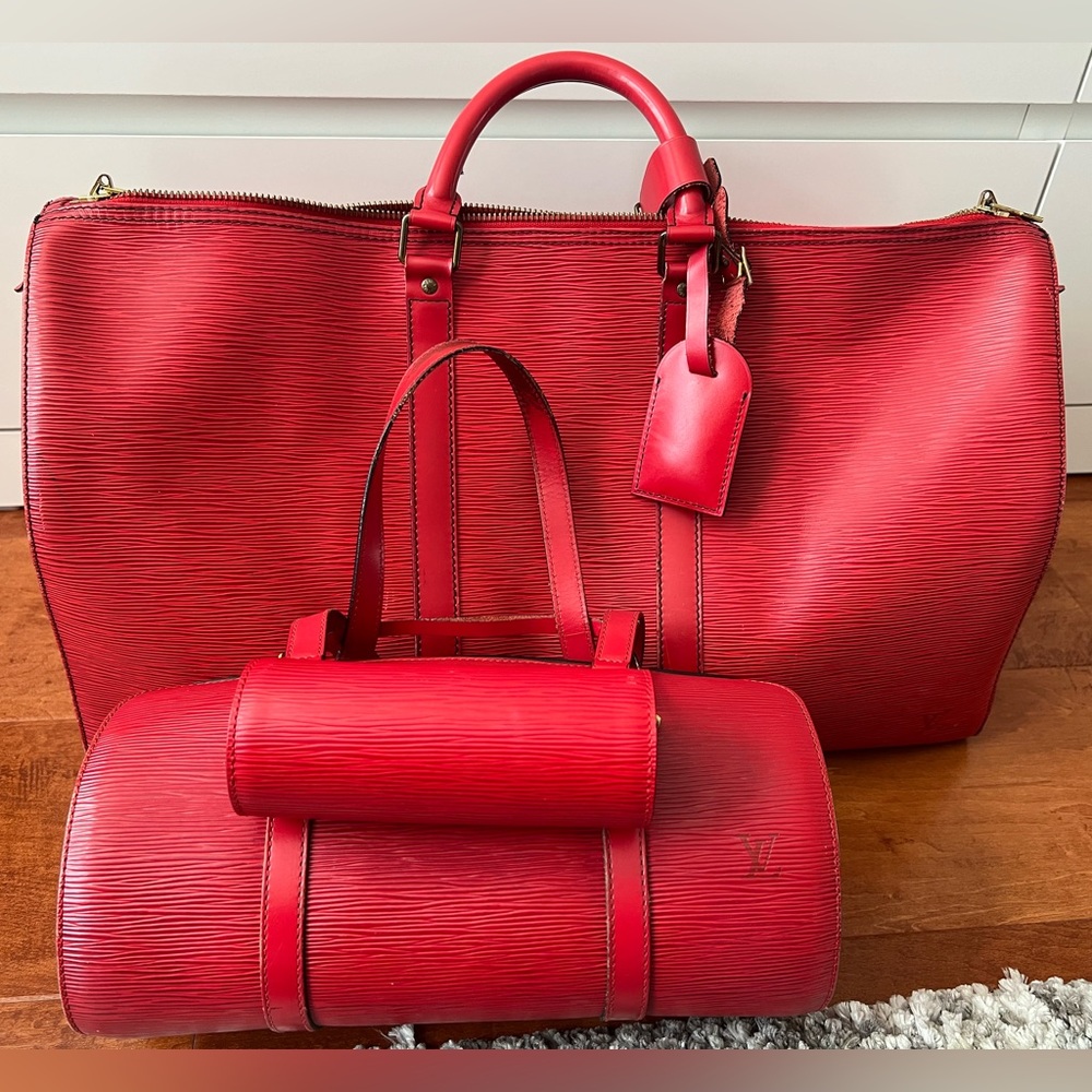 Auth LOUIS VUITTON Keepall 55 & Soufflot bag set Epi Red
